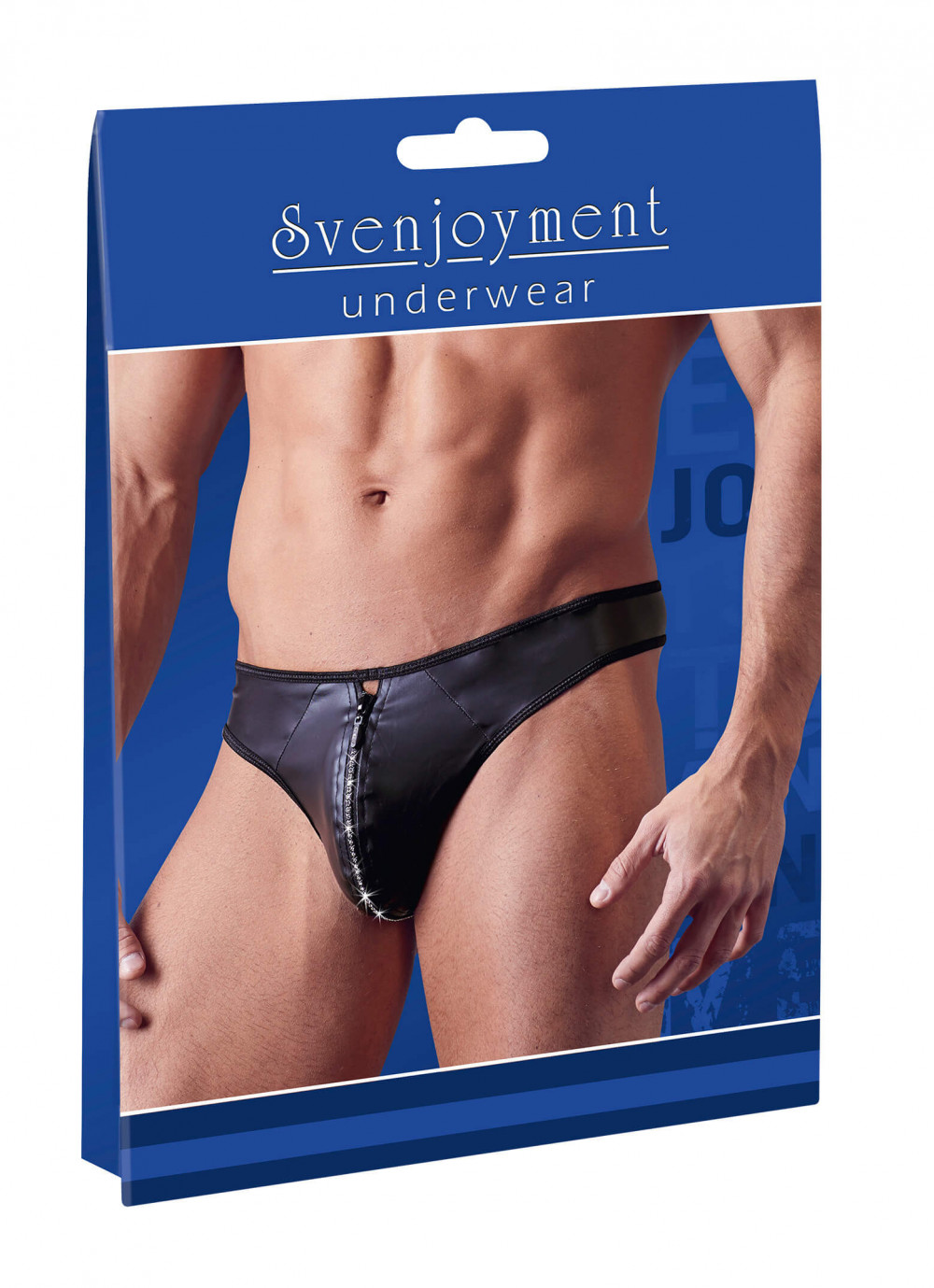 Svenjoyment - pánská lesklá tanga se zipem s kamínky (černá) - XL