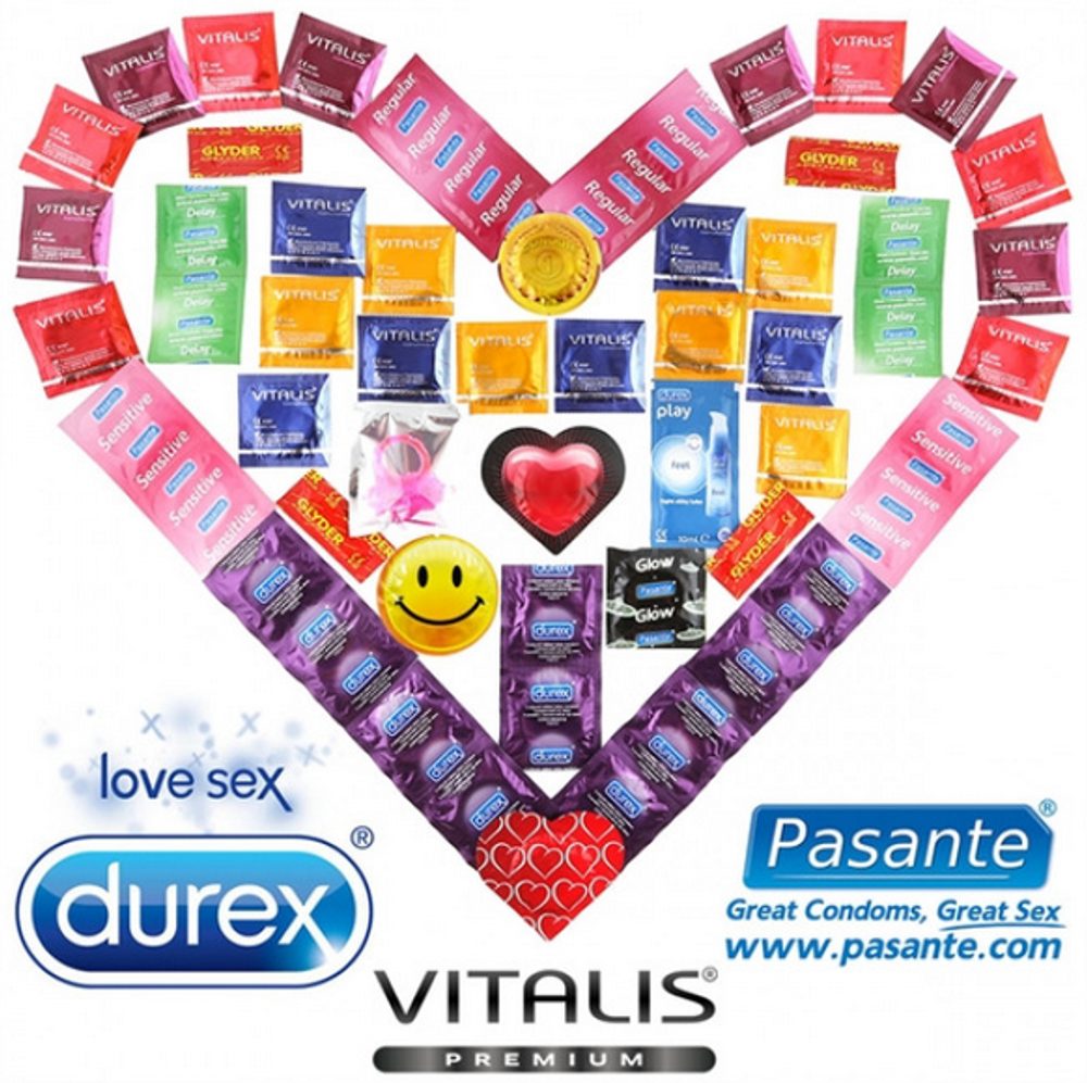 Maxi Balíček 55 kondomů Durex Pasante a Vitalis + lubrikační gel  + vibrační kroužek