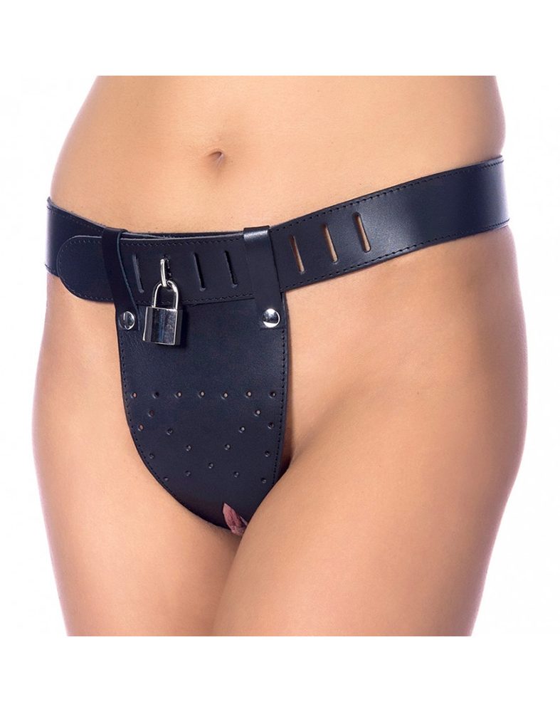 Rimba Chastity Belt with Two Holes In Crotch Padlock Included Kožený pás cudnosti pro ženy Velikost M/L - S-M