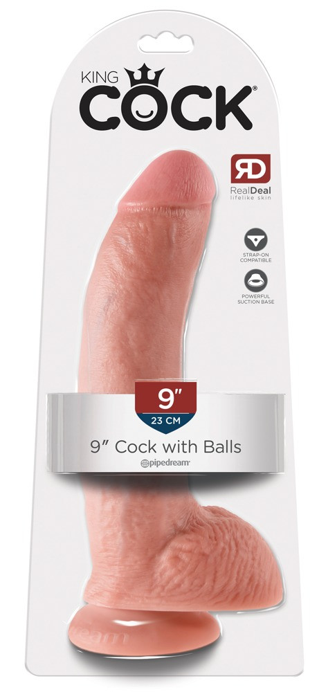King Cock 9 - velké připínací, testikulární dildo (23 cm) - přírodní
