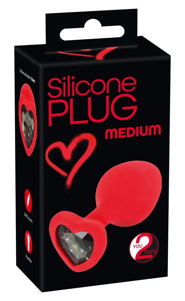 You2Toys Plug Medium - anální dildo s černým kamínkem ve tvaru srdce (červené) - střední