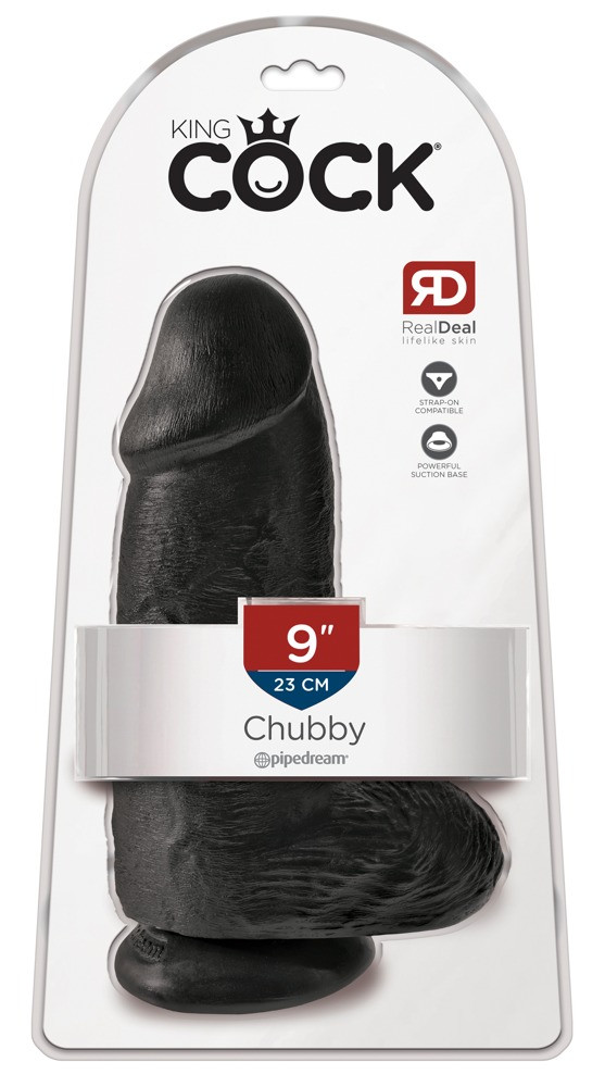 King Cock 9 Chubby - připínací, varlatové dildo (23 cm) - černé