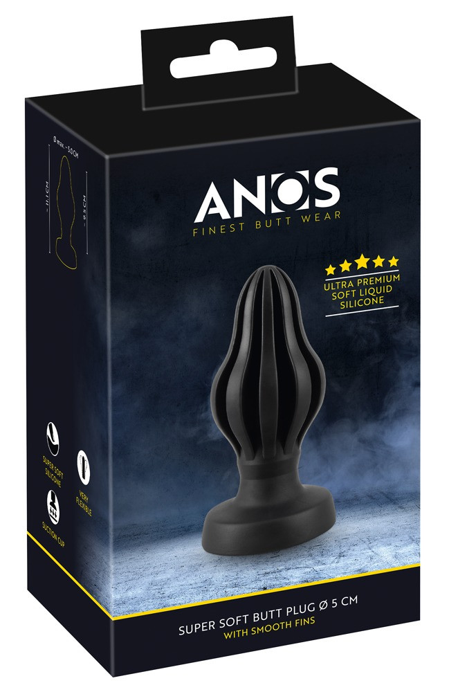 ANOS - super měkké, žebrované anální dildo - 5 cm (černé)