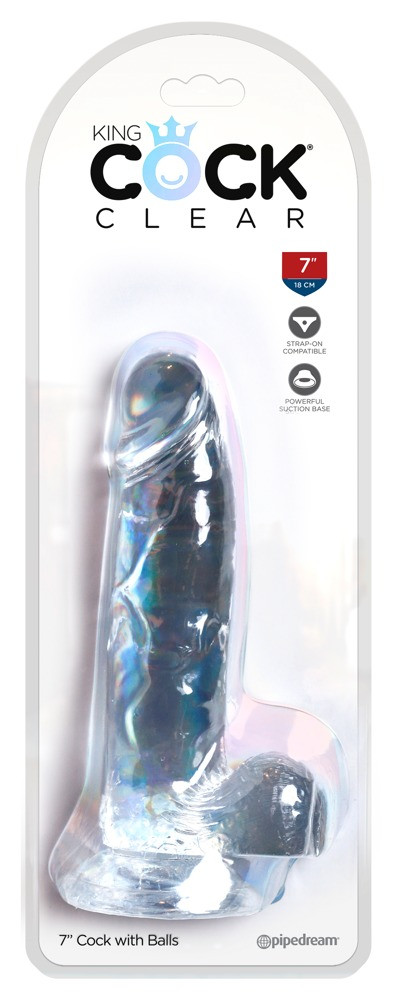 King Cock Clear 7 - připínací, testikulární dildo (18 cm)