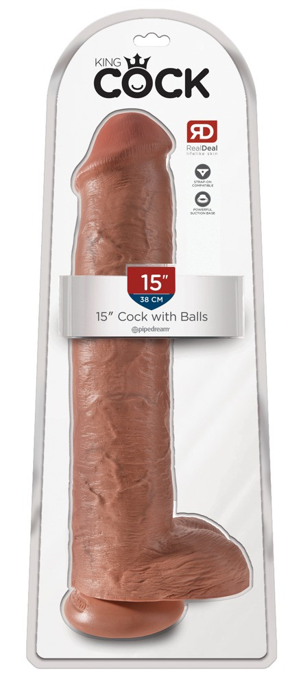 King Cock 15 - obří dildo s varlaty (38 cm) - tmavě přírodní